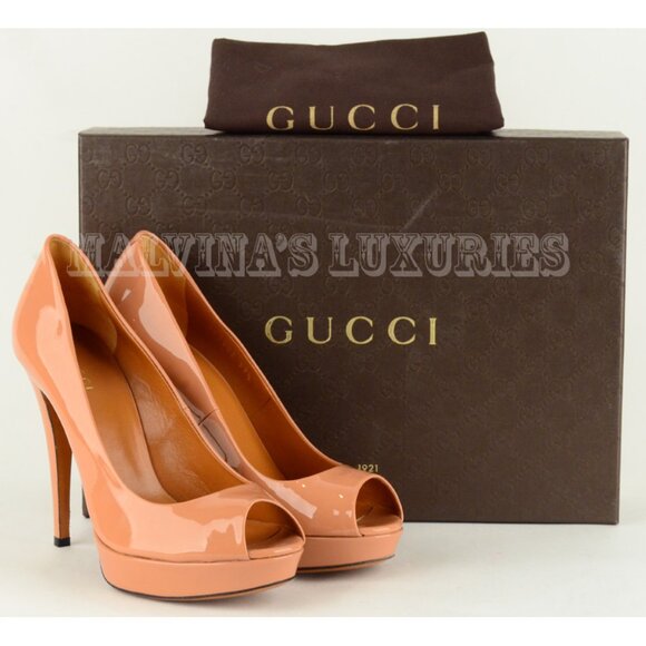 GUCCI SHOES BETTY PATENT LEATHER PLATFORM OPEN TOE PUMP PHARD sz 39.5 9.5 - Picture 10 of 11